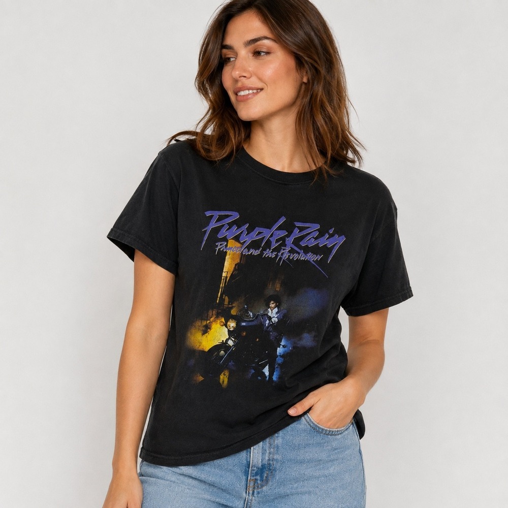Prince Purple Rain Graphic T-Shirt Womens Large Black Short Sleeve Band Tee